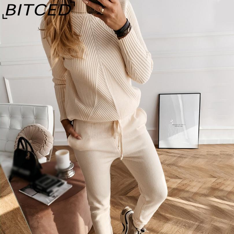 BITCED Autumn and Winter High-neck Solid-color Fashionable Casual Top + Trousers Sweater Set for Women