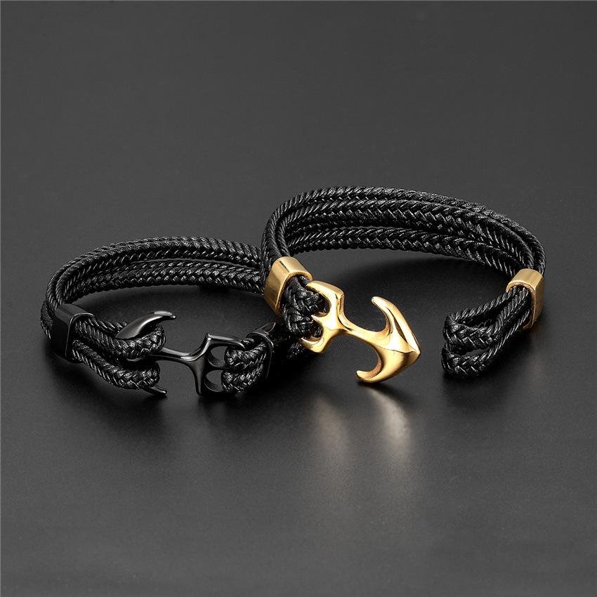 2026 Men's Titanium Steel Bracelet Black Cowhide Braided Anchor Leather Bracelet Leather Rope