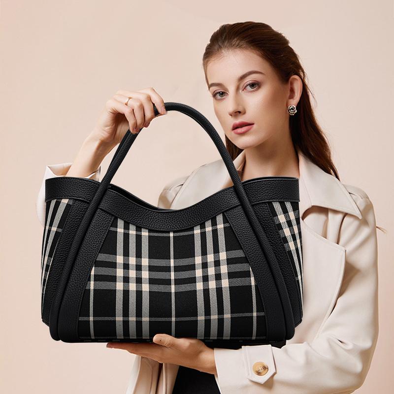 Women's Canvas and Genuine Leather Tote Bag Plaid Design Top Grain Cowhide Shoulder Handbag for Everyday Use Black and White