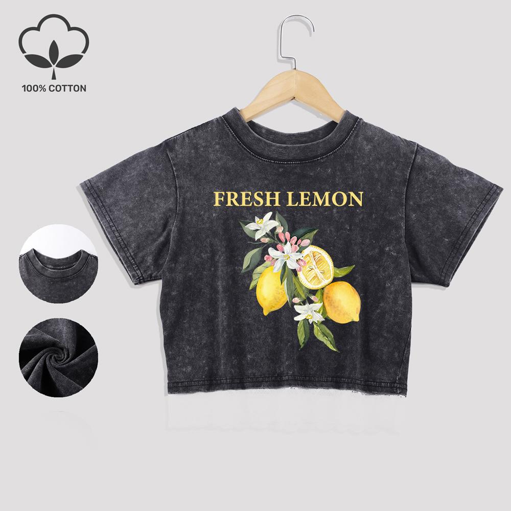 

Креативные принты с лимонным узором Хлопковые кроп-топы Уличные Летние Футболки с кружевной отделкой Повседневная одежда XL