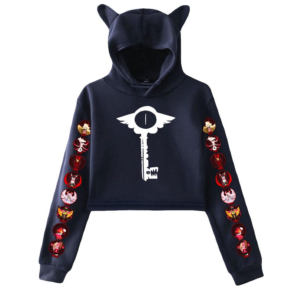 Women Long Sleeve Hoodies Casual Pullovers Cat Ears Hoodie Hazbin Hotel Print Crop Top Black Sweatshirts Female Clothes