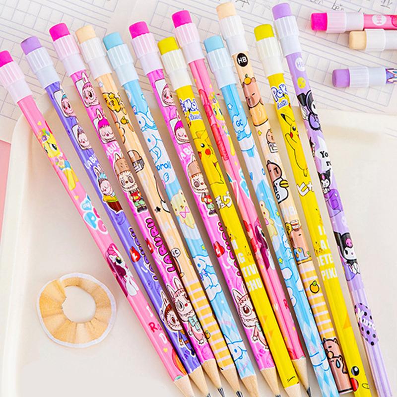 10Pcs Wooden Pencils With Eraser Cartoon Pencils With Colorful Eraser Office Supplies Student Stationery Birthday Gifts