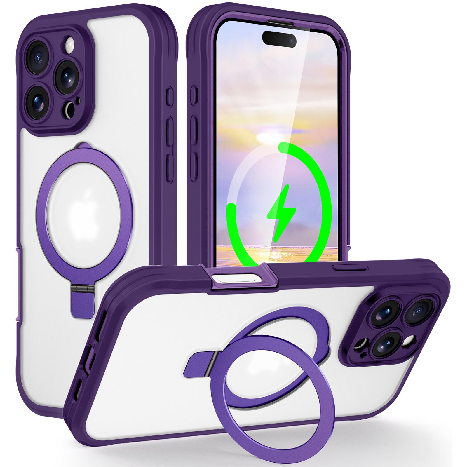 

For iPhone 16 Pro Case Skin Touch Solid Color TPU+PC Phone Cover with Magnetic Kickstand PET Screen Protector Purple
