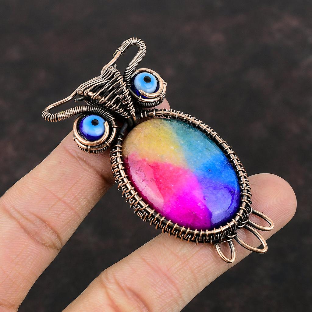 Rainbow Solar Quartz Druzy Pendant Copper Wire Wrapped Stone Pendant Owl Pendant Blue Color Evil Eye Pendant Copper Jewelry Handmade Pendant