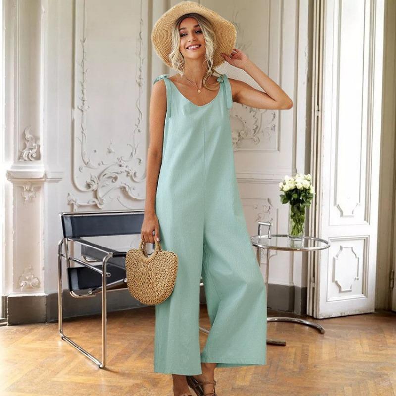 Women V Neck Sleeveless Tie Strap Wide Leg Casual Jumpsuit