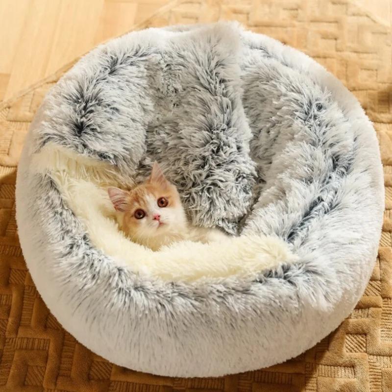 Fluffy Hooded round Cat Bed Anti-Anxiety Cave with Anti-Slip Bottom Machine Washable Pet Blanket Comfortable Soft Cat House