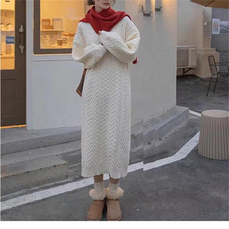 

Autumn and winter V-neck thickened long knitted sweater skirt, new with coat backing skirt temperament loose outer wear women one size fits all