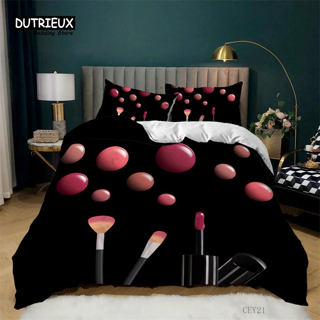 Fashion Sleep Bedding Collection Makeup Cosmetic Theme Bedspread Cover Polyester Perfume Lipstick Nail Polish Brush Print Pattern Quilt Cover King
