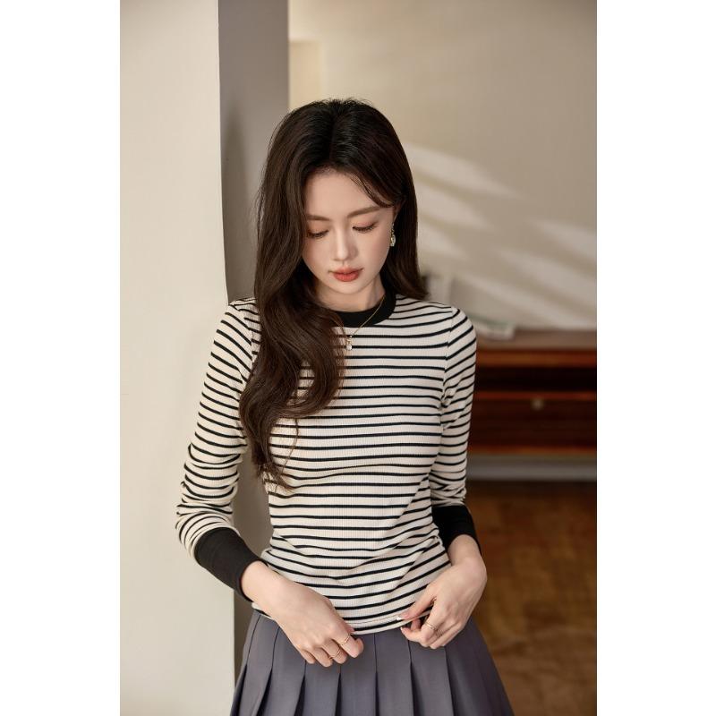 Womens Colorblock Striped Long Sleeve Cotton Bottoming T Shirt