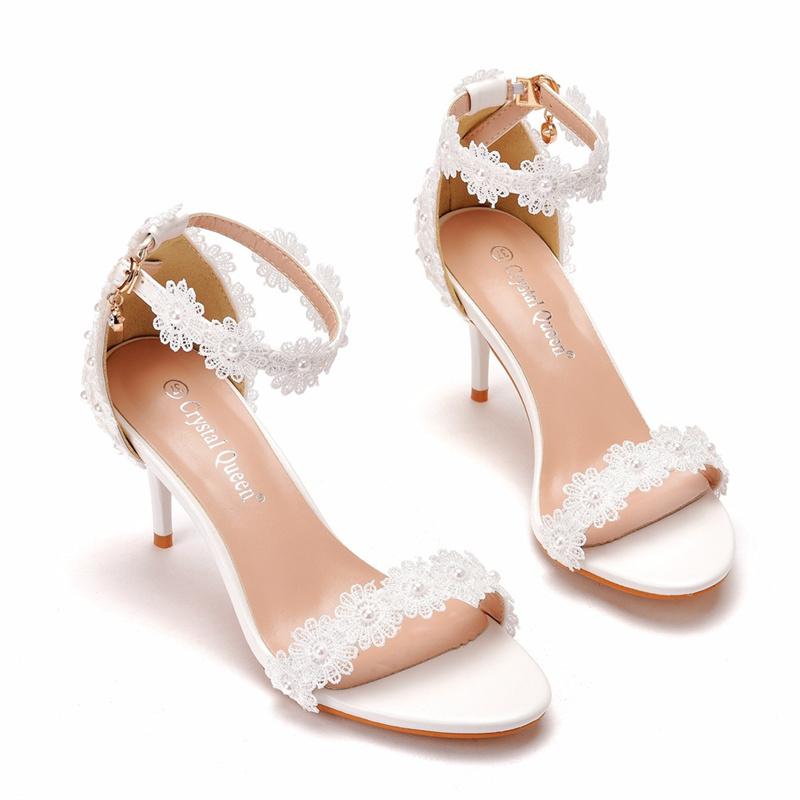Lace Wedding Bride Summer Shoes Women New Sandals Ladies Ankle Strap Pumps 43 Zapatos De Mujer Women White Heels