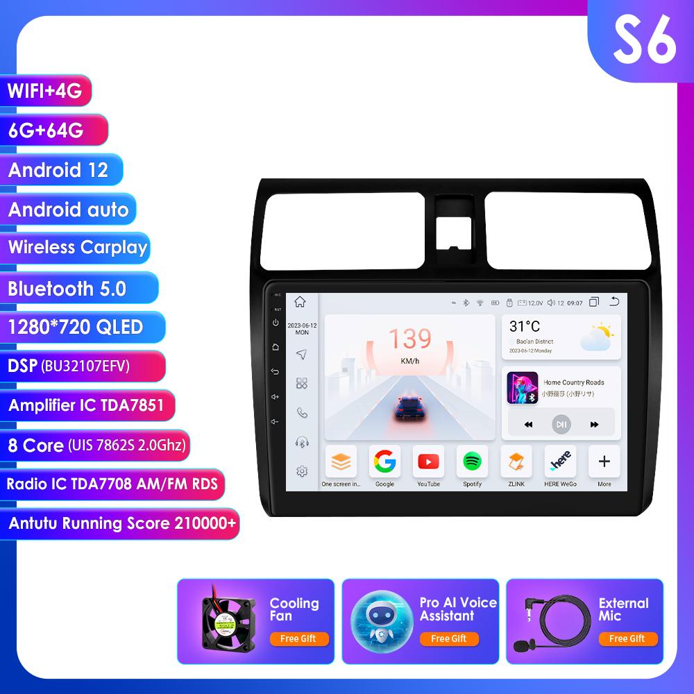 OSSURET Carplay 4G 2 Din Android 13 Car Multimedia Player for Suzuki Swift 2005-2010 Navigation GPS AutoRadio Stereo DSP BT SWC DVR Cam