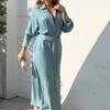 2025 Euro-American Women's Waist-Cinching Lace-Up Irregular Long-Sleeve Shirt Dress