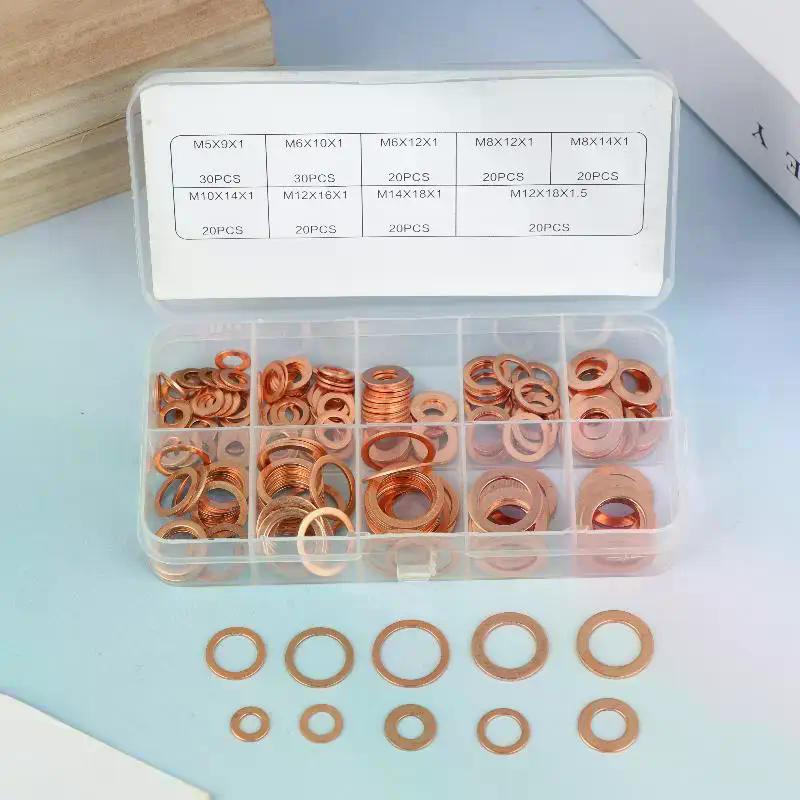 100/200 Stück Kupfer-Unterlegscheiben, Muttern und Schrauben mit Box M4/M5/M6/M8/M10/M12/M14 Dichtungs-Kombinationssatz für Ölablassschrauben