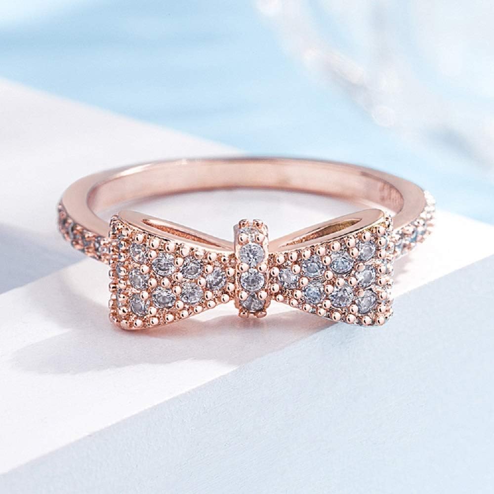 Lovely Bow Ring for Women Rose Gold with Clear Cubic Zirconia Pave Bridal Statement Anniversary Engagement Wedding Promise Romantic Band Ring