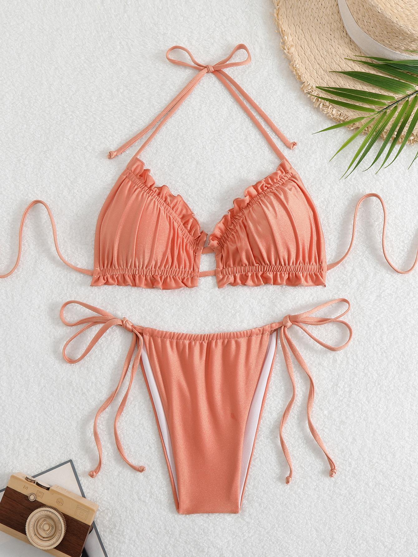 

New high-elastic fabric sexy lace-up triangle bag bikini women s swimsuit XL імбирний