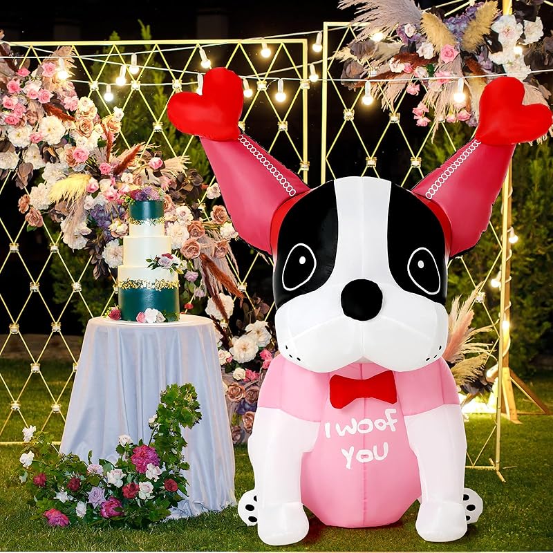 5 ft Valentine s Day Inflatable Outdoor Decoration Blow up French Bulldog Wearing Love Headband with LED Lights Valentine s Day Decorations Home Yard Bulldog
