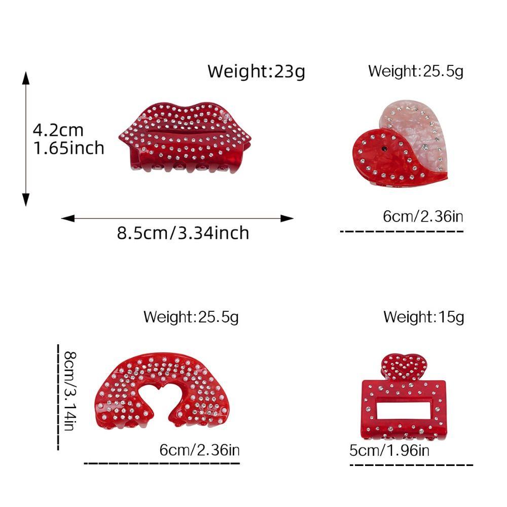 Acetic Acid Vermilion Lips Hair Claw Vintage Rhinestone Shark Clip Hollow Heart Hair Clip  Women