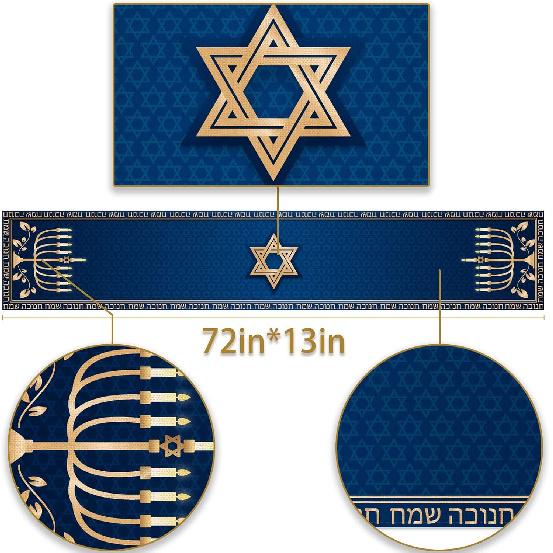 Hanukkah Table Runner Chanukah Menorah Star of David Je Festival Holiday Party Kitchen Dining Home Decoration (13" x 72")