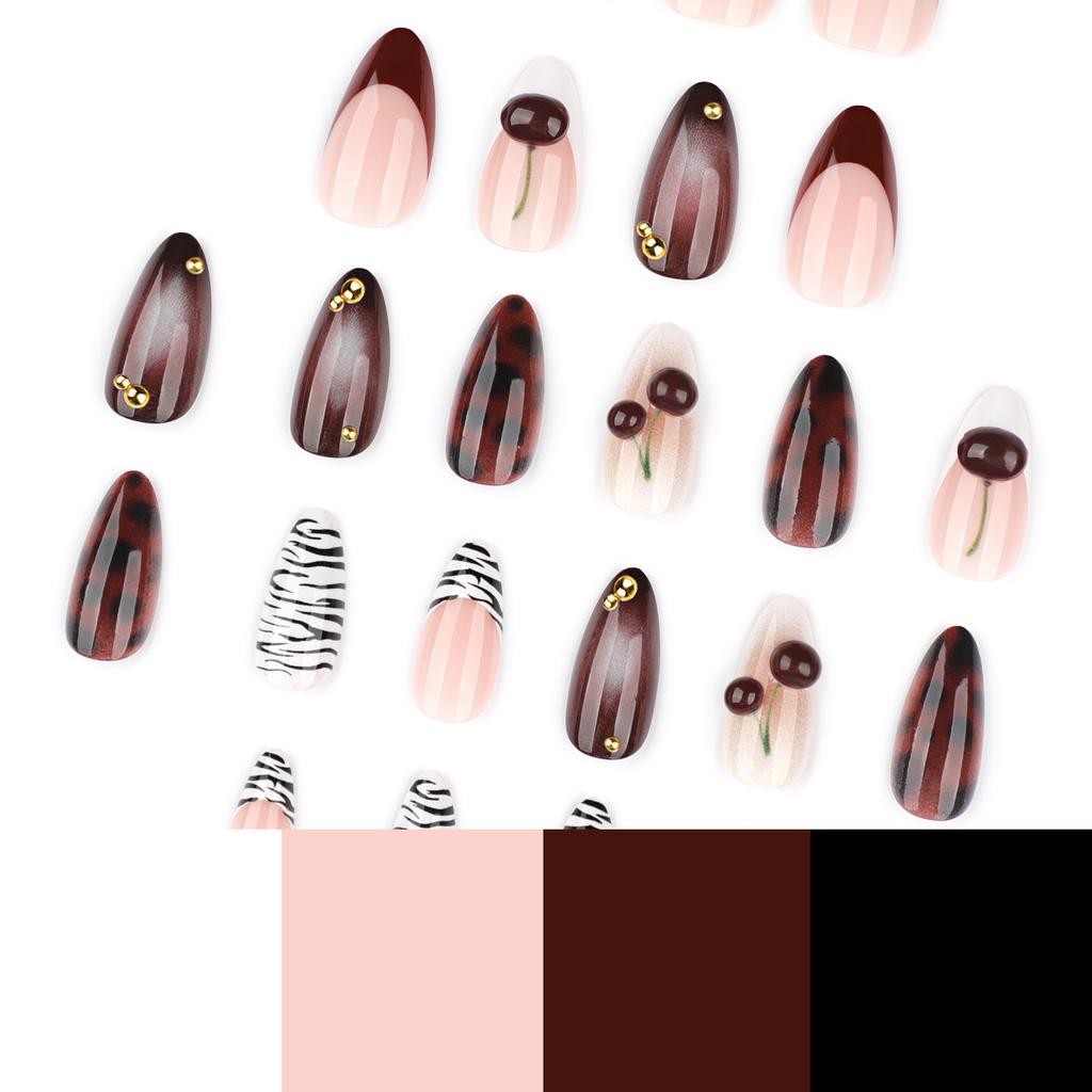 Hot-selling Black and White Zebra Pattern Wearing Nail 3D Three-dimensional Cherry Manicure Nail Piece French Red Fake Nail