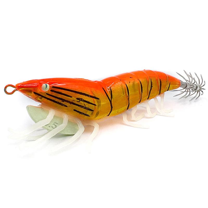 Night Glow Wooden Shrimp Squid Hook Soft Footed Bait with Sound Beads Fake Bait for Fishing