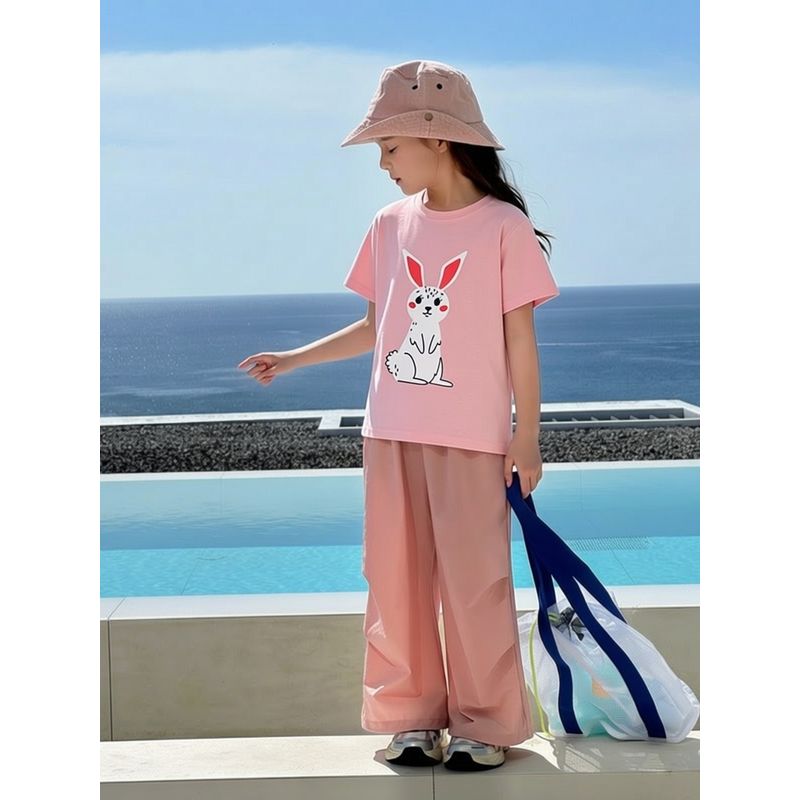 Clothing for Middle and Large Children 2026 Summer New Style Girls' Pure Cotton Cartoon Bunny Print Short-Sleeved T-Shirt Kidsren's Clothing