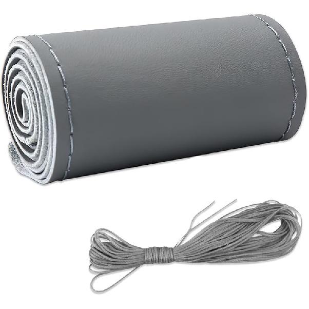 Leather Steering Wheel Cover, DIY Sewing with Needle & Thread, Breathable Anti-Slip Car Steering Wheel Protector, Universal 15 Inch Auto Steering