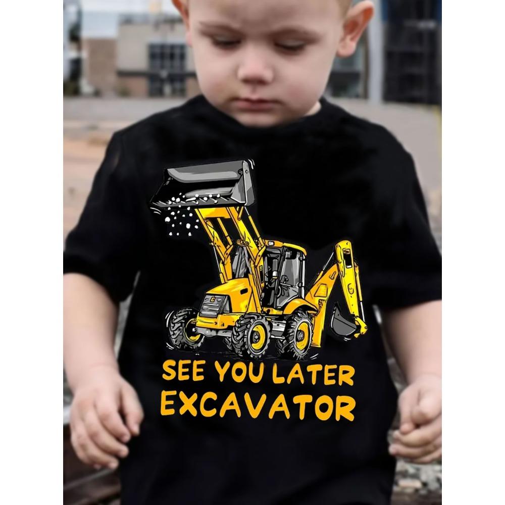 Children's T-shirt with excavator print, fashionable cartoon short-sleeved T-shirt, stylish, comfortable and casual