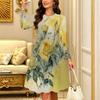 Women Long Sleeve Round Neck Midi Dress Abstract Ink Wash Daisy Floral Print Flared Casual Dress