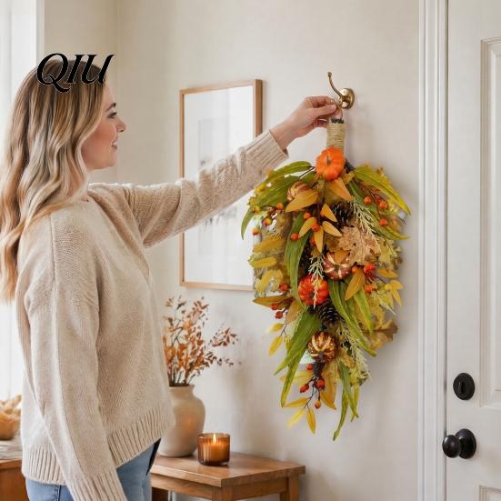 Decorative Fall Home Accessories Artificial Teardrop Swag, Faux Pumpkins Berries Pinecones Leaves Door Lifelike Pinecone Berry Garland Autumn Harvest