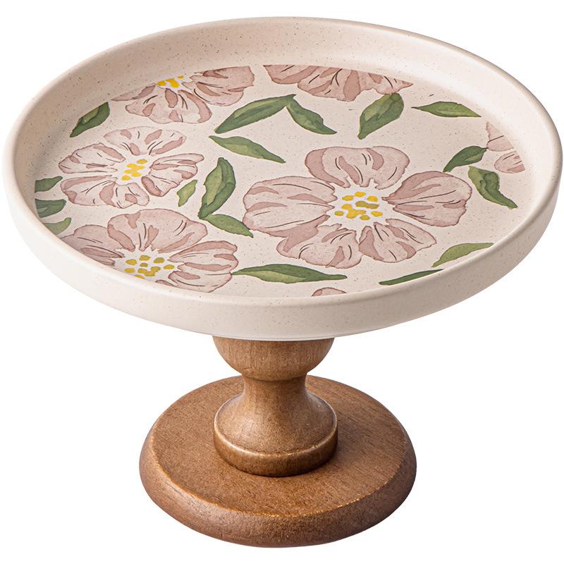 BRWooden Pallet High-sided Cake Plate Porcelain Plate Pink Flowers Fruit Tray Retro Desktop Storage Tray  Kitchen OrganizerEY