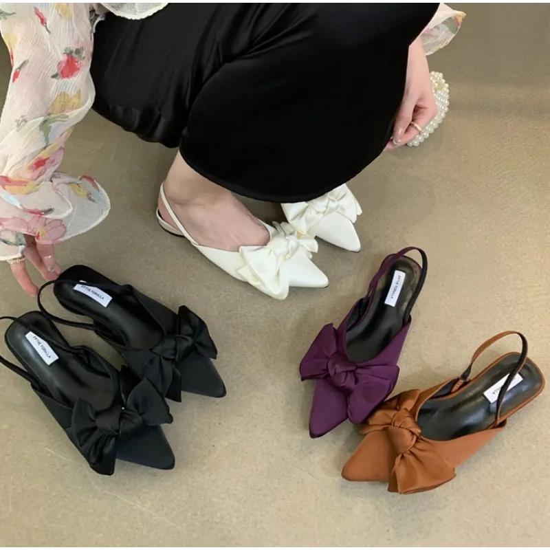 Designer Bow Women's Sandals Pointed Toe Elegant Heels Shoes Summer Mules Shoes 2025 Slingback Dress Slippers Trend New