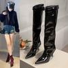 Wind pointed high heel patent leather glossy belt buckle high tube but knee boots knight boots women's Martin boots