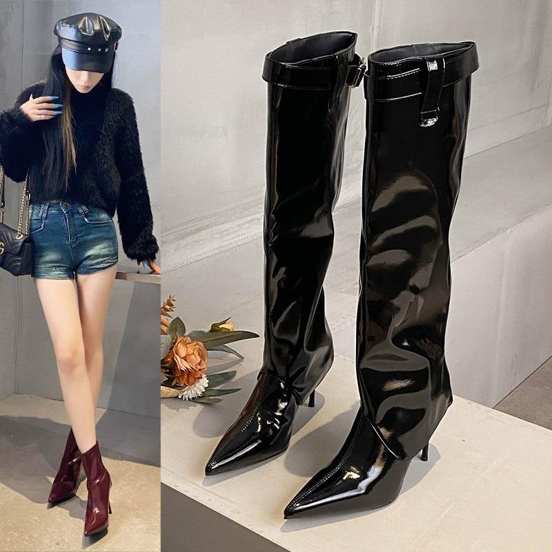 Wind pointed high heel patent leather glossy belt buckle high tube but knee boots knight boots women's Martin boots