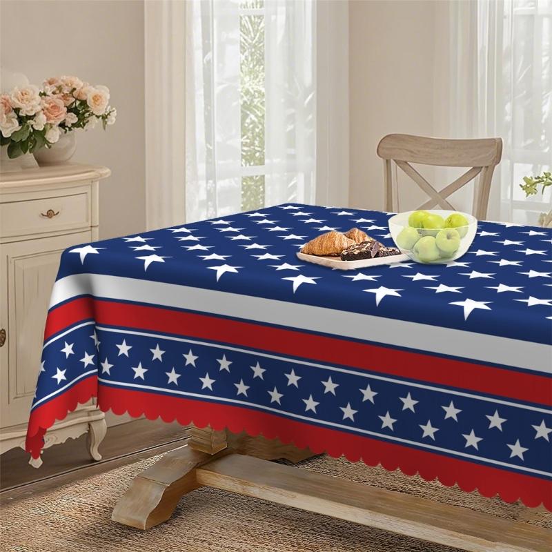 Stars And Stripe Holiday Table Cover Waterproofs Polyester Dining Tablecloth For Holiday Parties Picnics