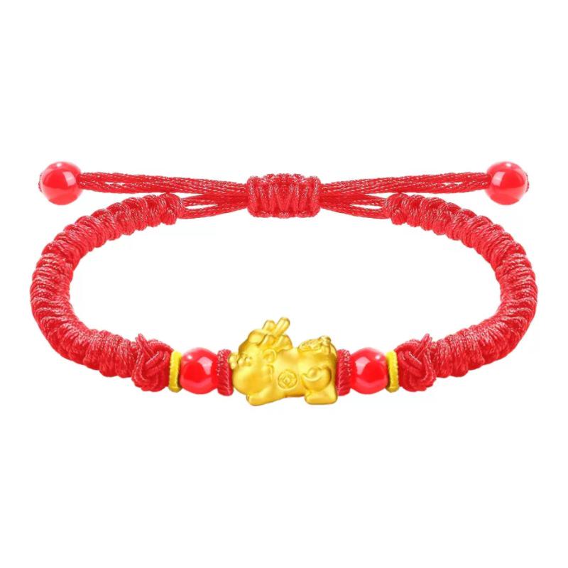 Pure Gold 999 Zodiac Red String Bracelet with Luck Beads for Baby's Full Moon or New Year