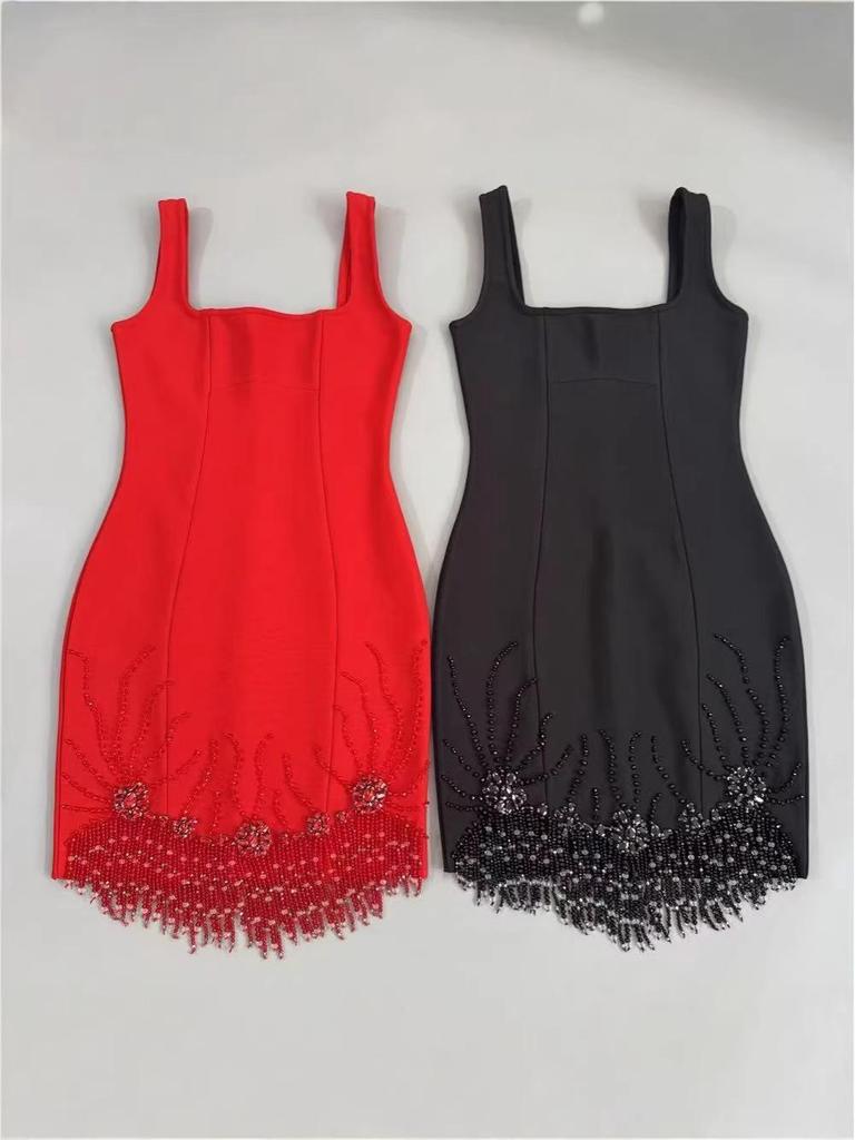 Europäisches & Amerikanisches trägerloses Bodycon Fransen Strass Bandage Kleid mit Spaghettiträgern – Elegantes Nachtclub Kleid