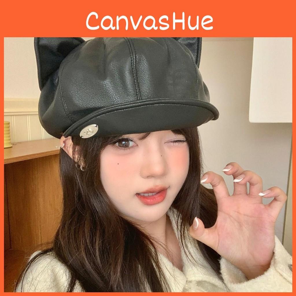 Beret Leather Woman Hat With Curved Brim And Cat Ear Detail For Trendy Dress Up