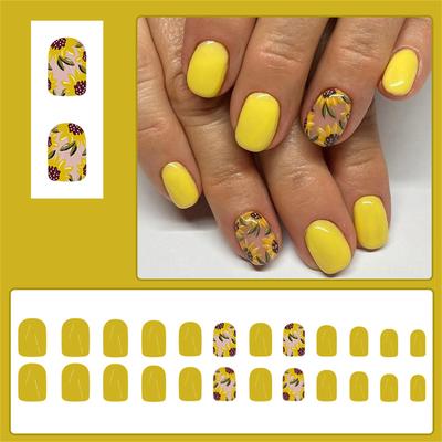 24 Pcs Short Square Press On Nail Flowers False Nail Yellow Acrylic Nail Glossy Full Cover Stick On Nail for Woman