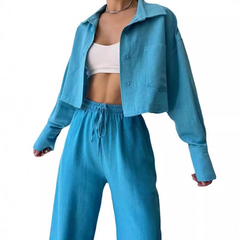 2025 European & American Solid Color Long Sleeve Shirt & Drawstring Pants Set