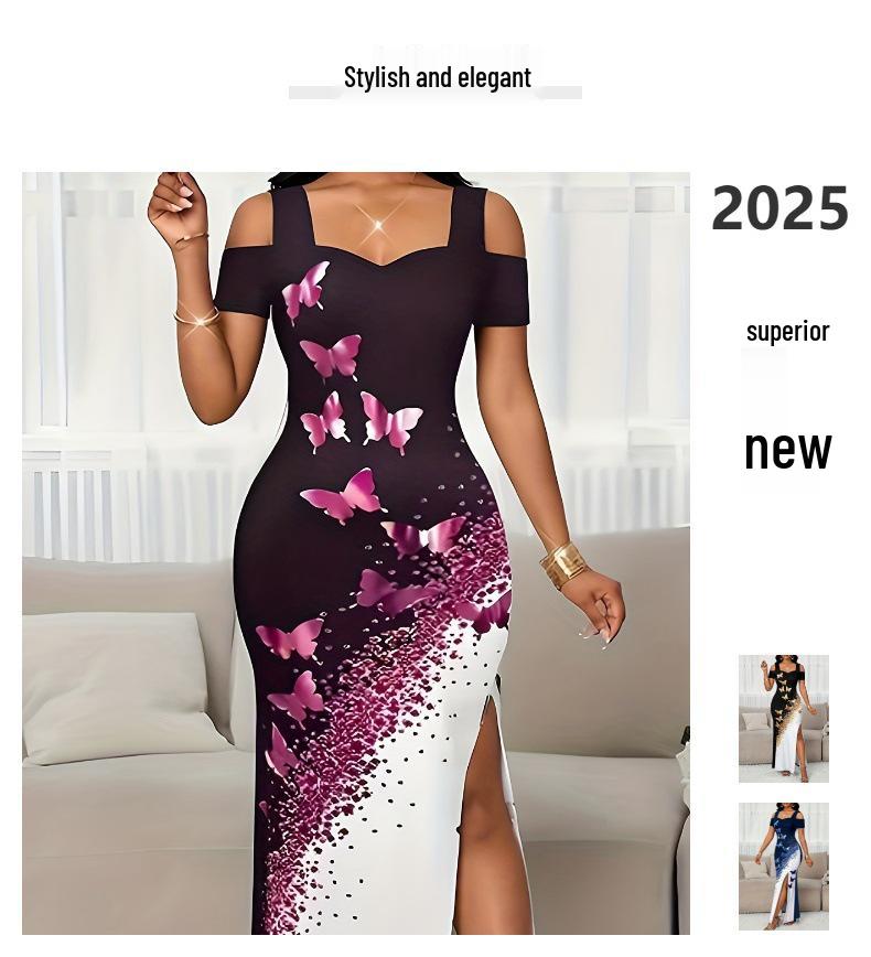 2025 Elegant Off-Shoulder Butterfly Print Color Block Dress for Women