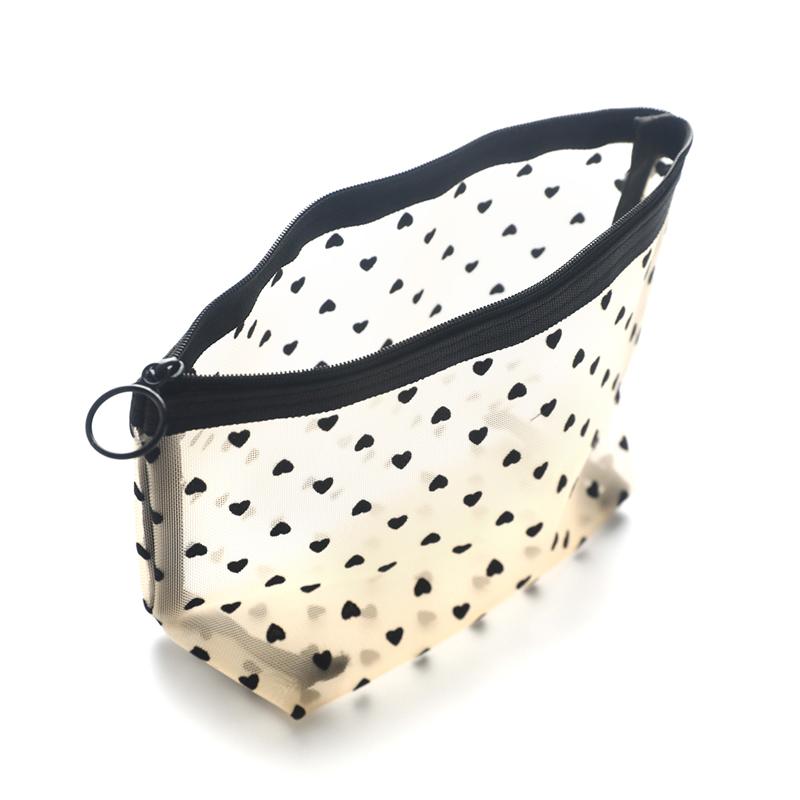 Mesh Cosmetic Makeup Bags Case Holder Zipper Heart Printed Pencil Case Pouch