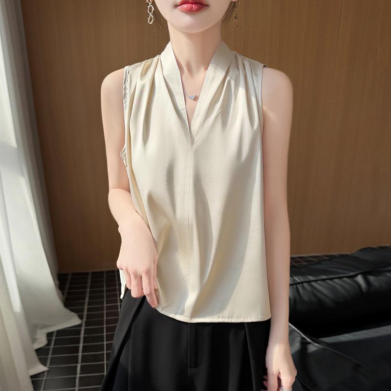 2026 Spring/Summer Silk Satin V-neck Sleeveless Solid Color Tank Top
