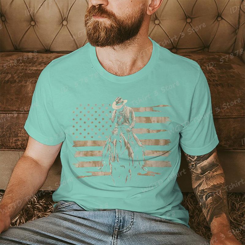 Cowboy with American Flag Pattern Print T Shirt Tees for Men Casual Short Sleeve TShirt for Summer Vintage Graphic Tshirts