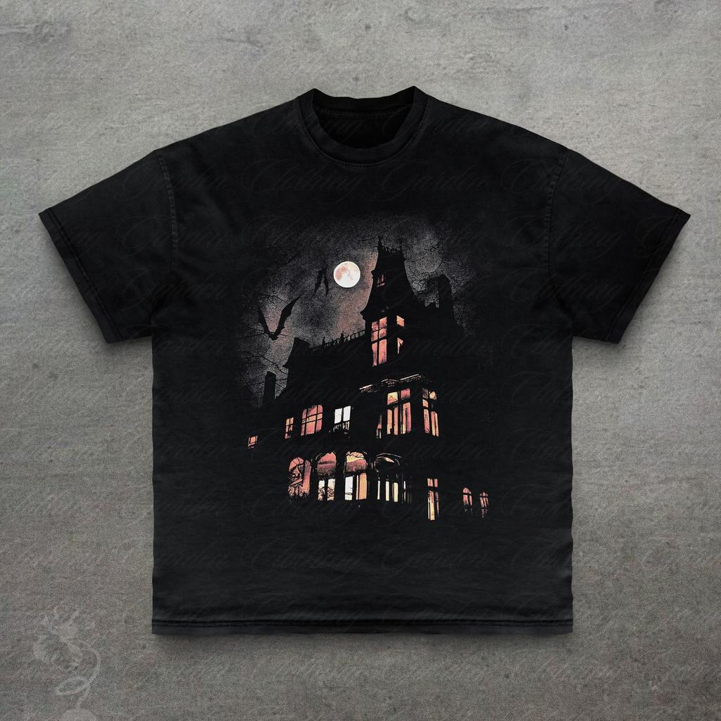 Haunted House Graphic Tee, Spooky Gothic T-Shirt for Men Women, Vintage Style Halloween Mansion Top, Dark Full Moon Night Shirt, Alt Gift