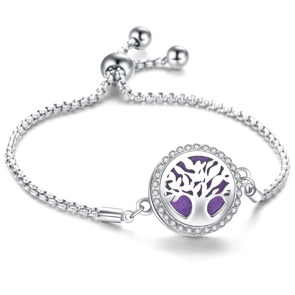 Crystal Rhinestone Aromatherapy Tree of Life Bracelet - Adjustable Titanium Steel with Essential Oil Compartment.