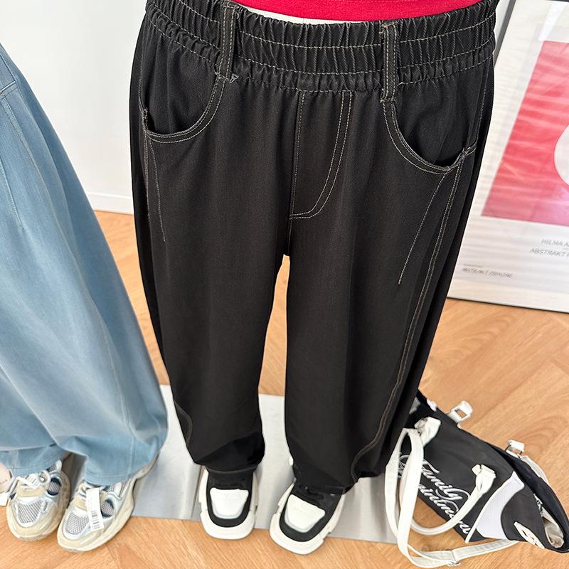 

Теннисные синие джинсы для женщин Весной и осенью Новый стиль Драпированные Прямые Свободные Ленивые и Расслабленные Широкие брюки M чёрный