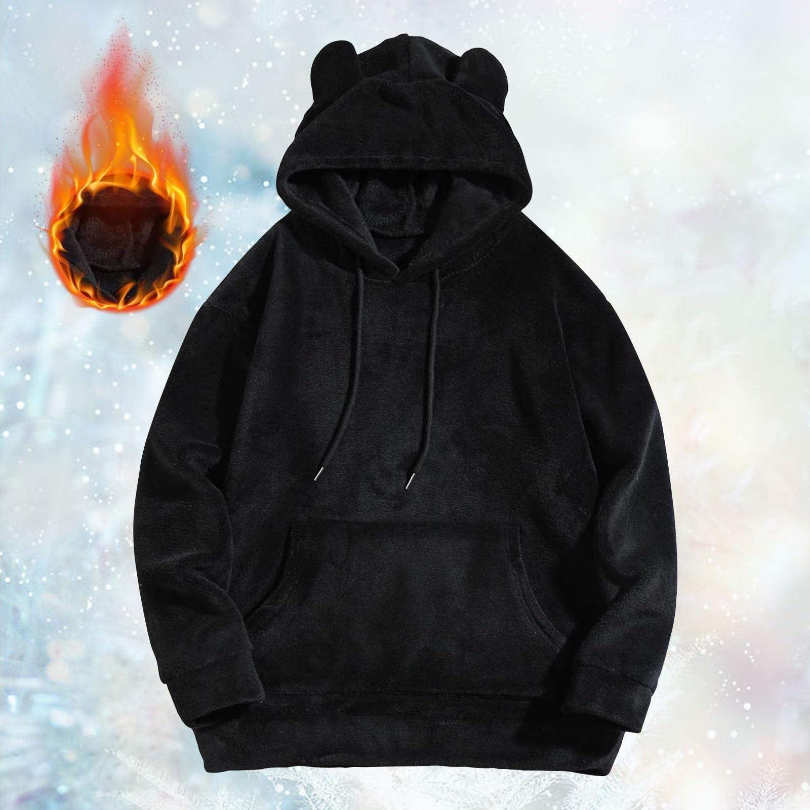 

Осенне-зимняя взрывная однотонная теплая коралловая бархатная толстовка с капюшоном с ушками медведя, симпатичная утолщенная мужская M чёрный