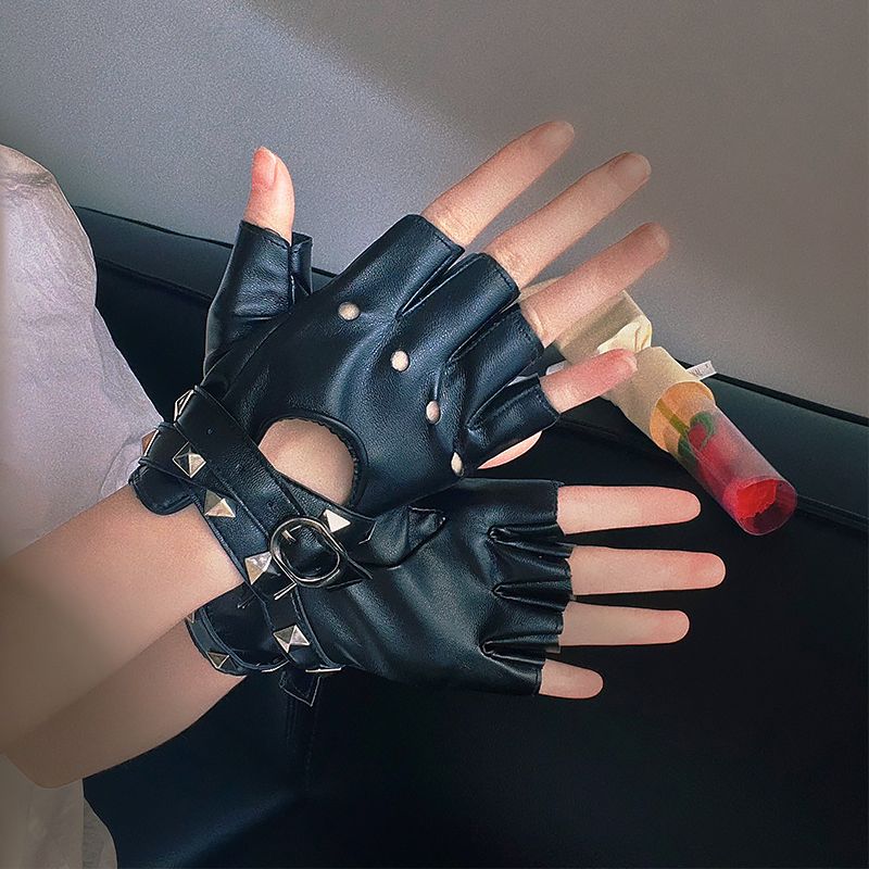 

Lolita Punk Goth Half Finger Leather Gloves Open Finger Sexy Cos Liu Ding Hollowed Heart Shape Dance Cool Black Orange style