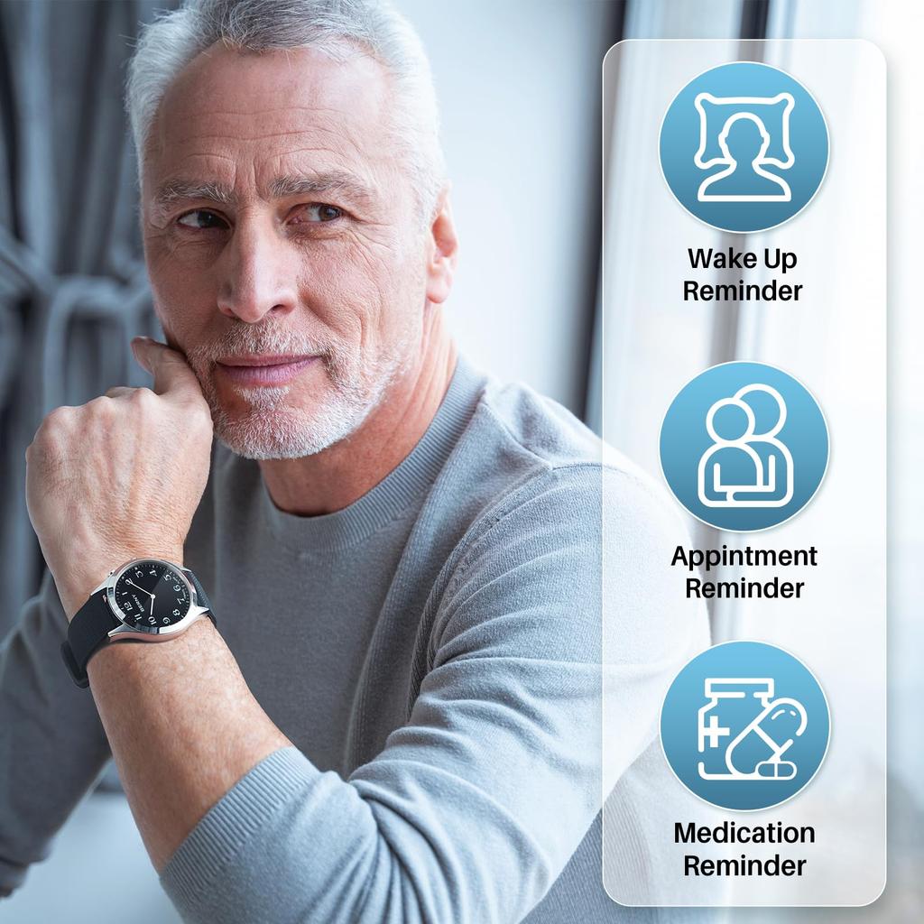 BERNY Wibrujący Zegarek z Ukrytym OLED Wibracje i Alarm Specjalnie Zaprojektowany dla Osób Starszych i Niedosłyszących Wodoodporny do 3 ATM, Wielofunkcyjny