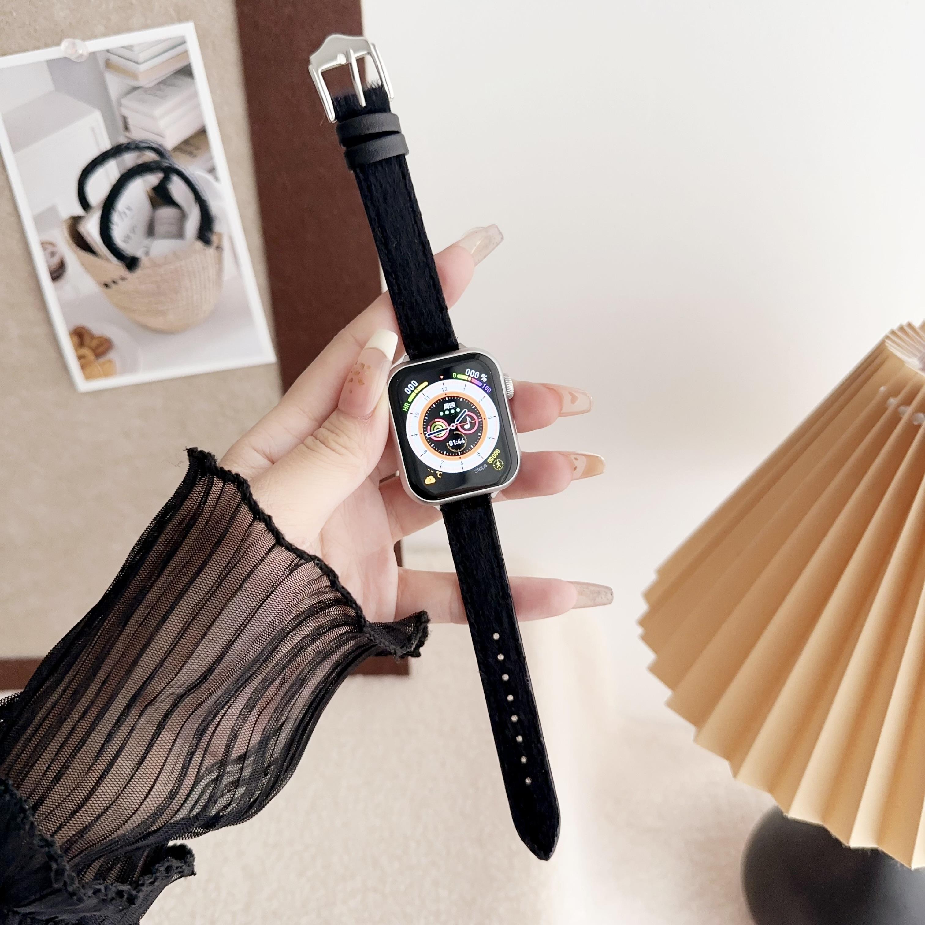 

Furry PU Leather Strap for Apple Watch Series 10 42mm/9 8 7 41mm/SE (2023) SE (2022) SE 6 5 4 40mm/3 2 1 38mm Wrist Band Black